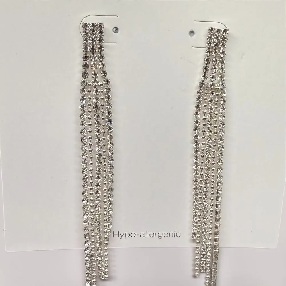 🧚🏻‍♀️ Rhinestone Fringe Earrings Silver 4” Dangle Statement Hypoallergenic NIP